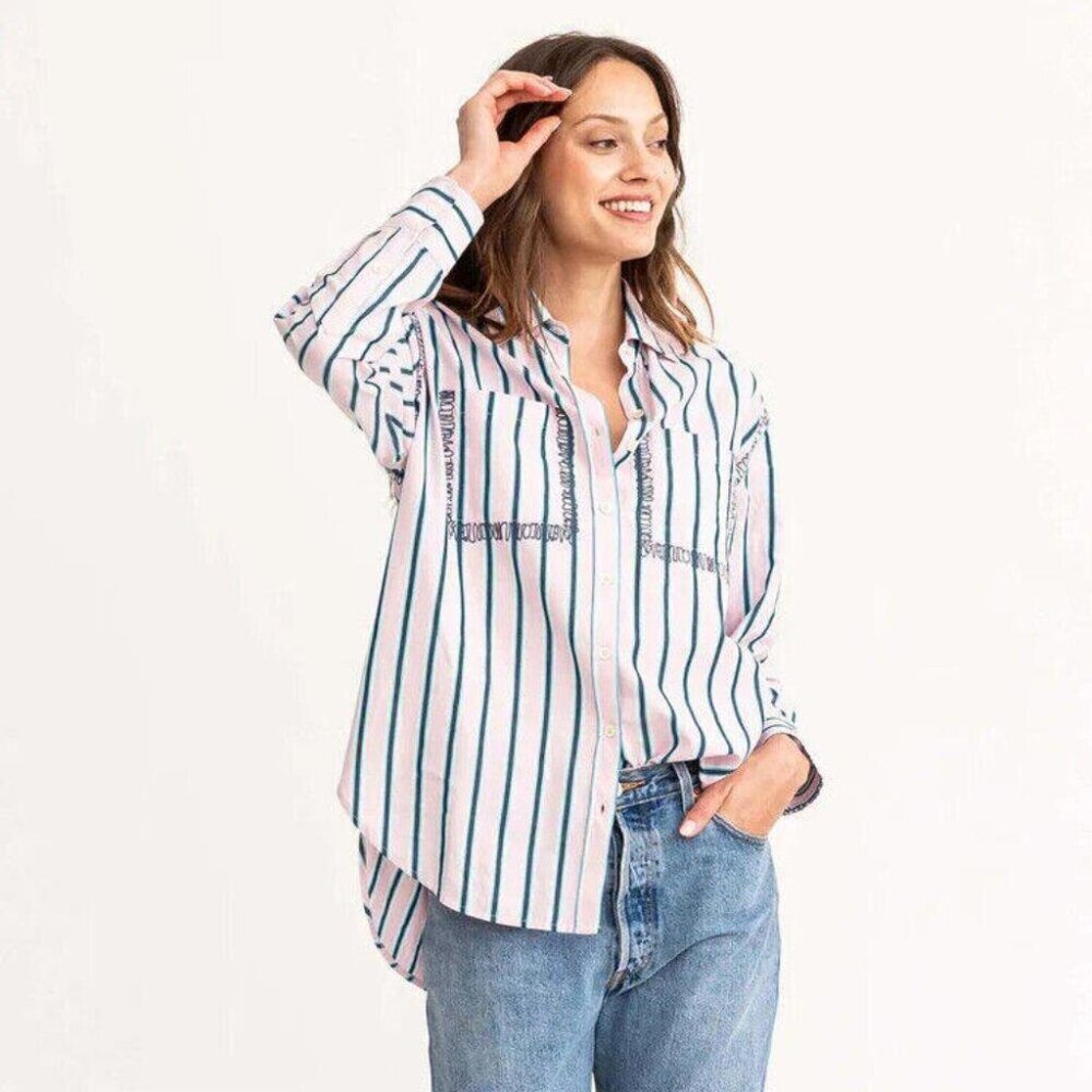 Kerri Rosenthal Marti Striped Button Front Shirt Tunic Top Oversized S